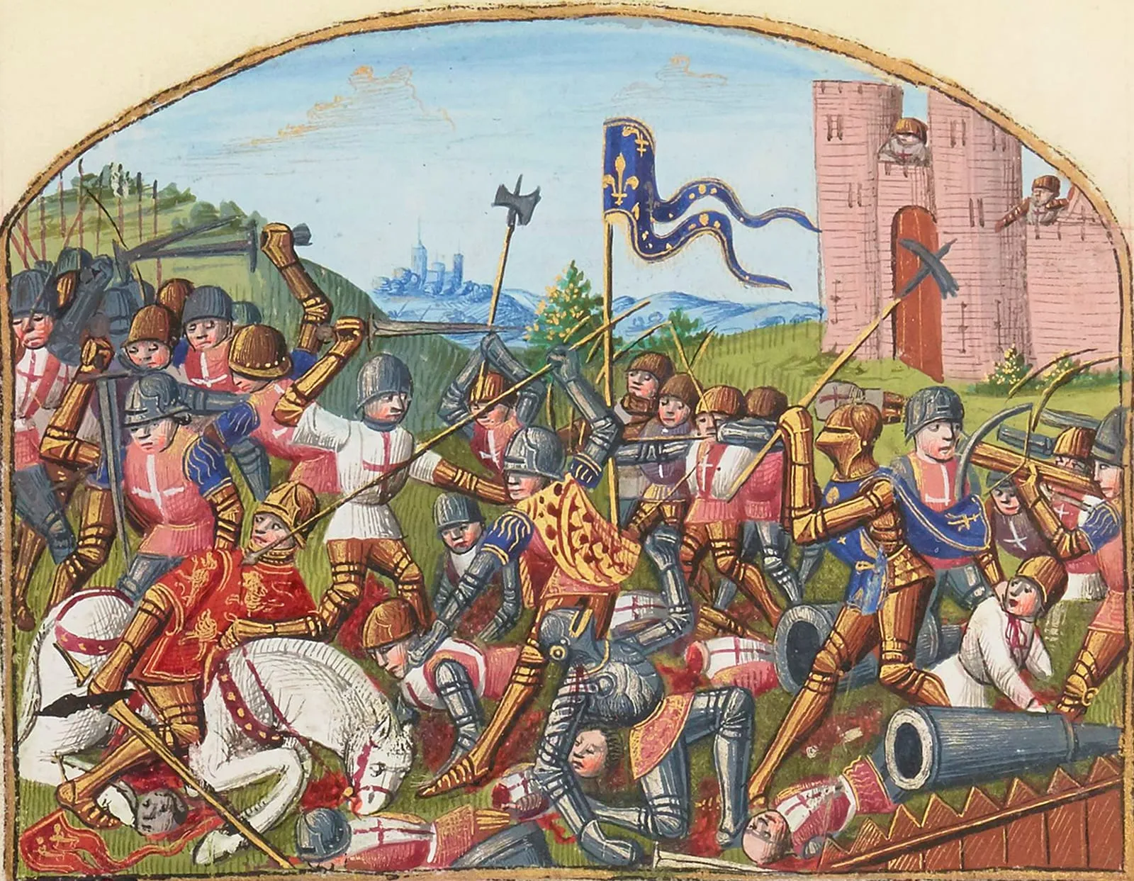 Miniature des Vigiles de Charles VII représentant la bataille de Castillon, avec chevaliers et bannières