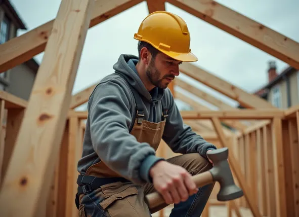 Charpentier casqué ajustant à la masse une ferme de charpente en bois sur une toiture en cours de montage